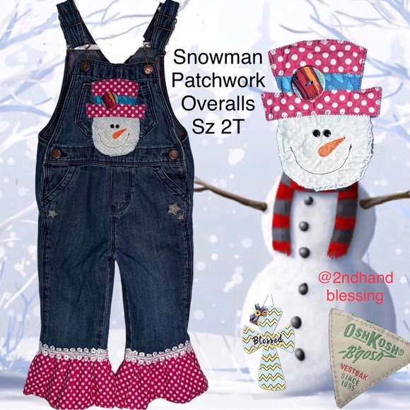 OshKosh B'gosh Other - OshKosh 2T Snowman Patchwork Overalls, Pink Ruffle w/ Polka Dots, Toddler Girls